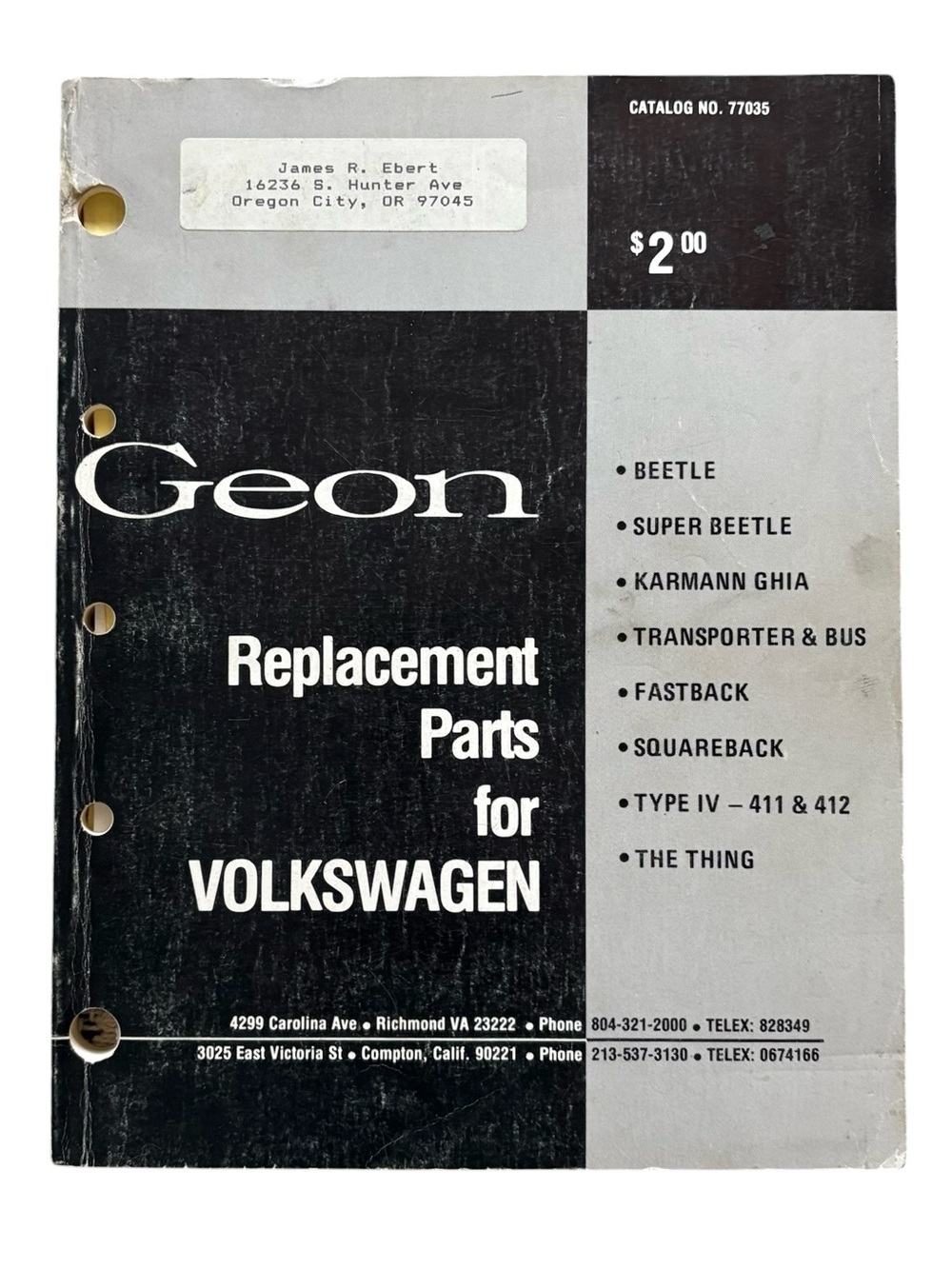 Vintage Geon Volkswagen Replacement Parts Catalog, 1980
